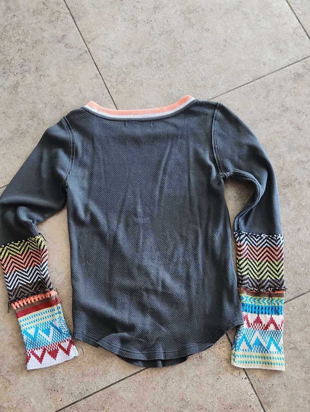 We The Free Charcoal Long-Sleeve Thermal Top with Multicolor Patterned Cuffs - Picture 3 of 10